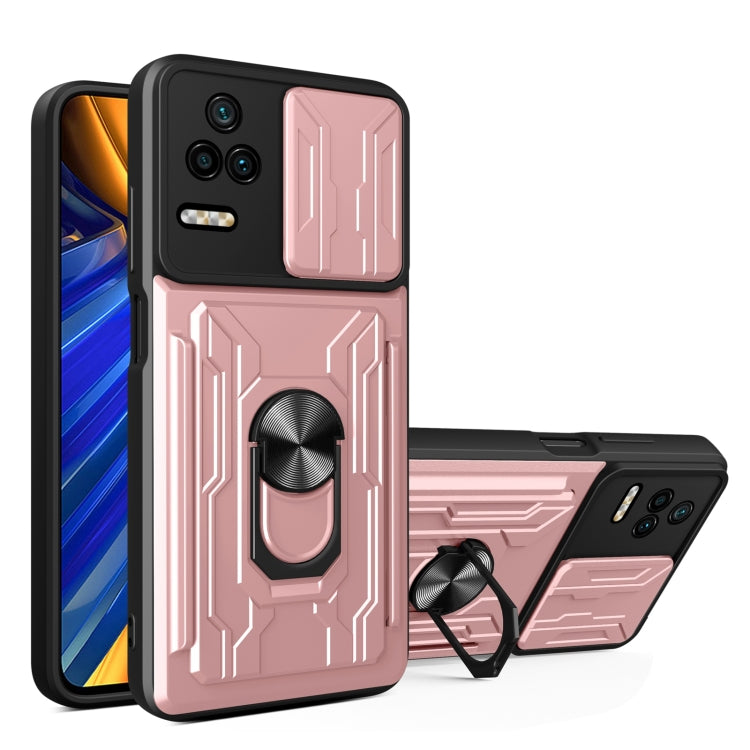 Rose gold sliding card phone case with armor design and built-in ring stand