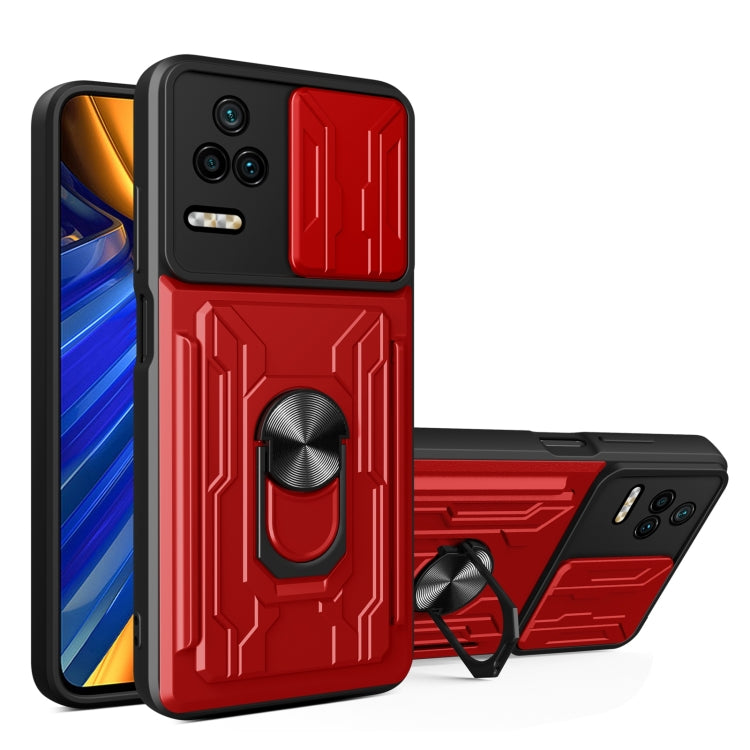 Red sliding card phone case with armor design and built-in ring stand