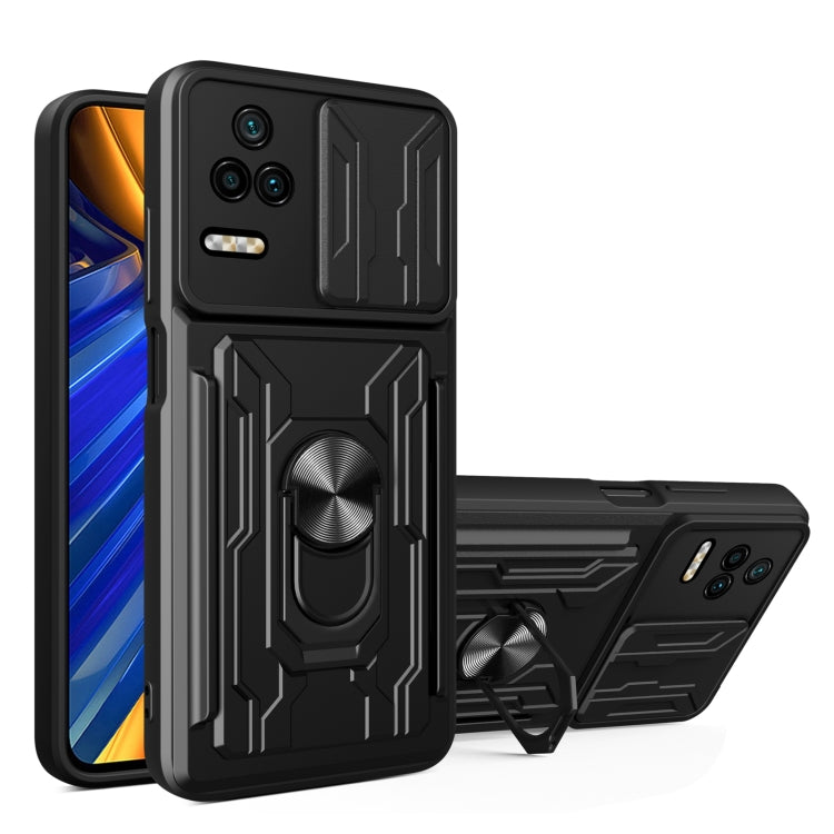 Black sliding card phone case with armor design and built-in ring stand