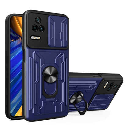 Blue sliding card phone case with armor design and built-in ring stand