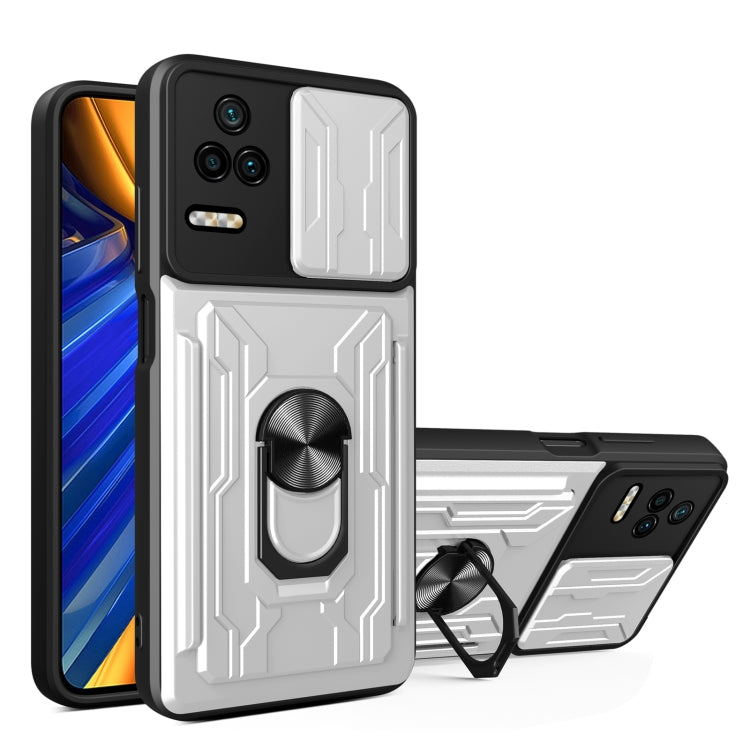White sliding card phone case with armor design and built-in ring stand