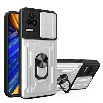 White sliding card phone case with armor design and built-in ring stand