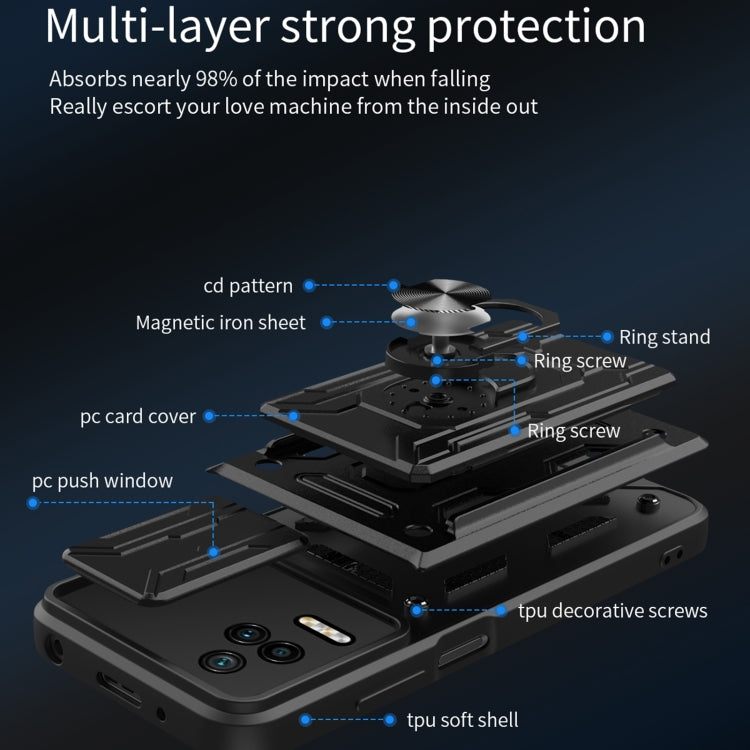 Sliding card phone case with layered protection and ring stand components