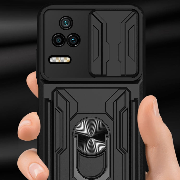 Black sliding card phone case with ring stand, camera cutouts, and side grip