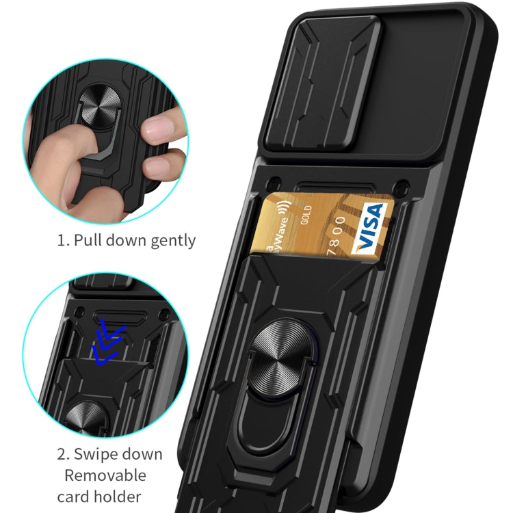 Rugged black phone case with sliding card holder and rotating camera shield