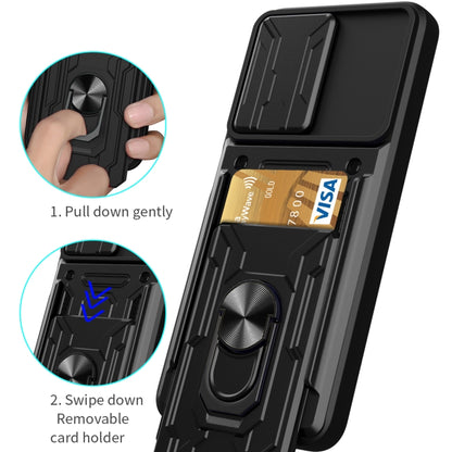 Rugged black phone case with sliding card holder and rotating camera shield