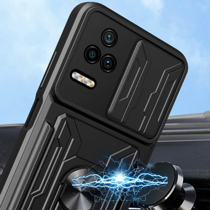 Black rugged phone case with camera cutouts and sliding protective shield
