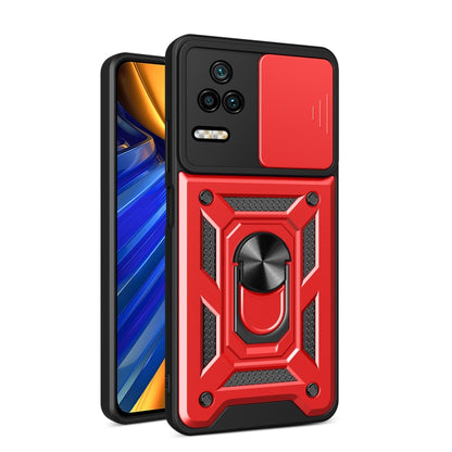Sliding camera design phone case with red back and black rugged armor frame