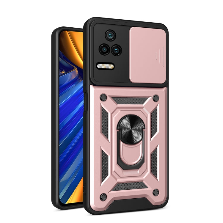 Sliding camera design phone case with rose pink back and black rugged armor frame