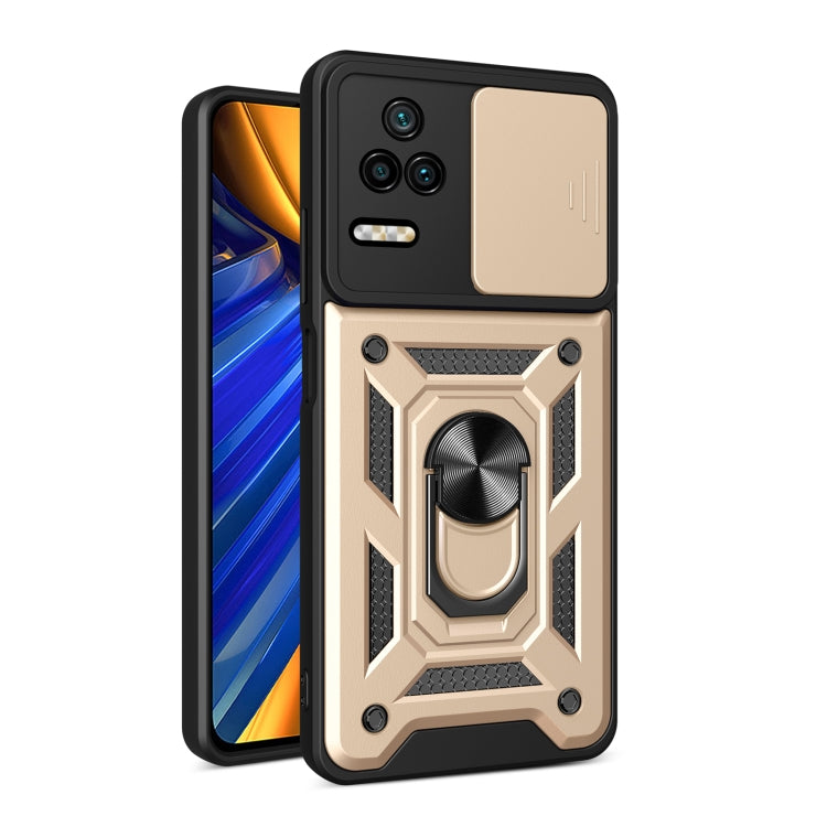 Sliding camera design phone case with light gold back and black rugged armor frame