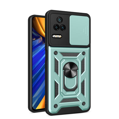 Sliding camera design phone case with mint green back and black rugged armor frame