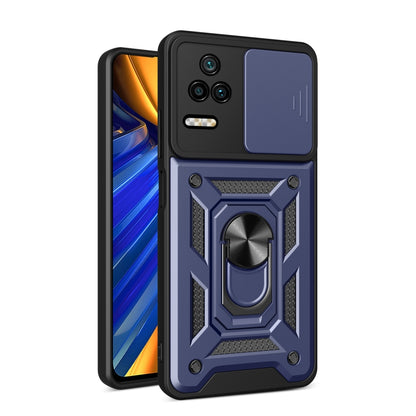 Sliding camera design phone case with dark blue back and black rugged armor frame