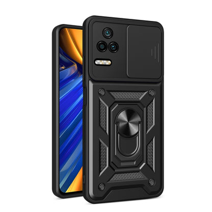 Sliding camera design phone case with black back and heavy-duty rugged armor frame