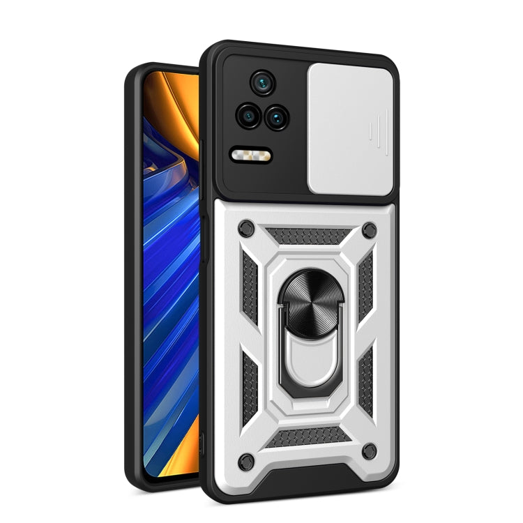 Sliding camera design phone case with white back and black rugged armor frame