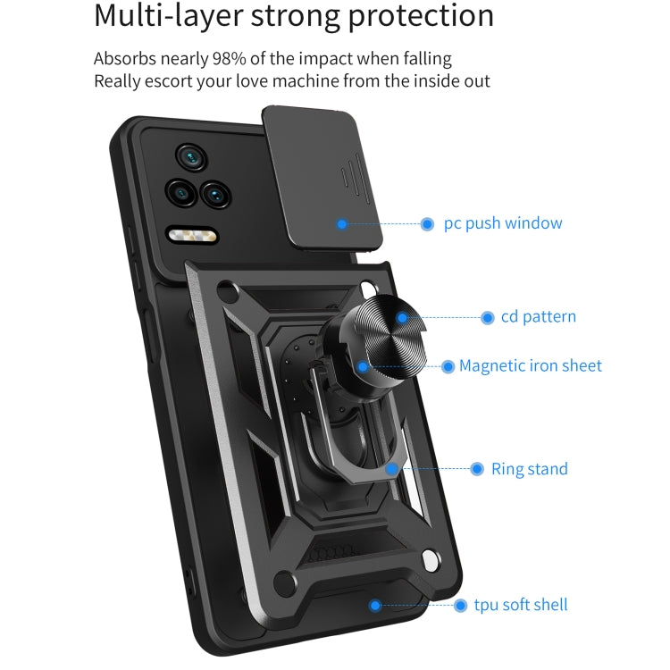 Rugged sliding camera phone case with magnetic ring stand and textured armor details