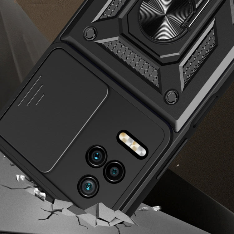 Close-up rugged sliding camera phone case with textured armor and camera cutouts