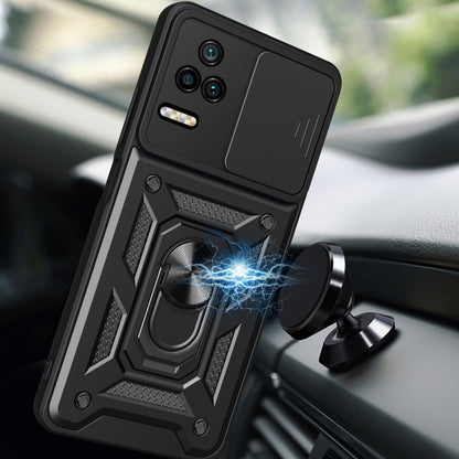 Black rugged phone case with sliding camera cover and built-in lens ring holder