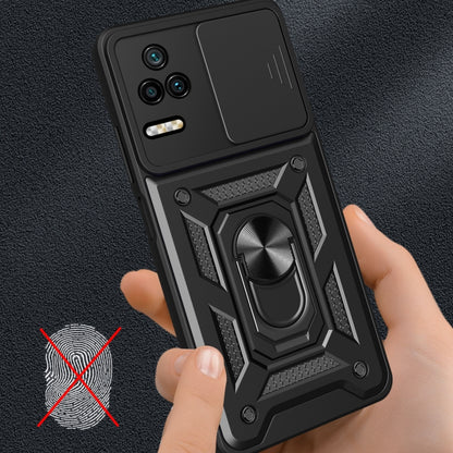 Black rugged phone case with ring grip and sliding camera cover; hand holding