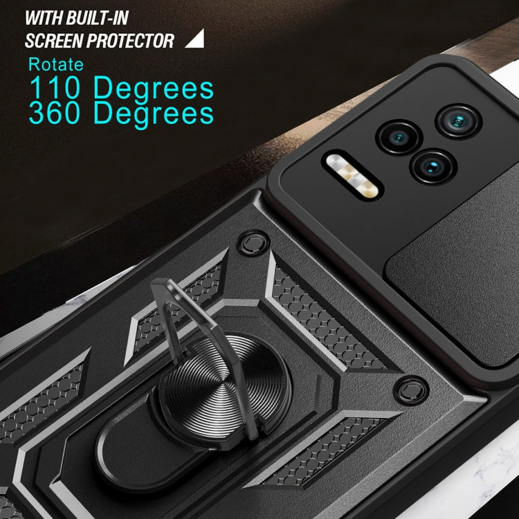Rugged phone case with ring stand grip and textured shockproof frame, black