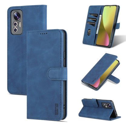 Blue flip leather phone case with magnetic strap and stitched wallet-style design