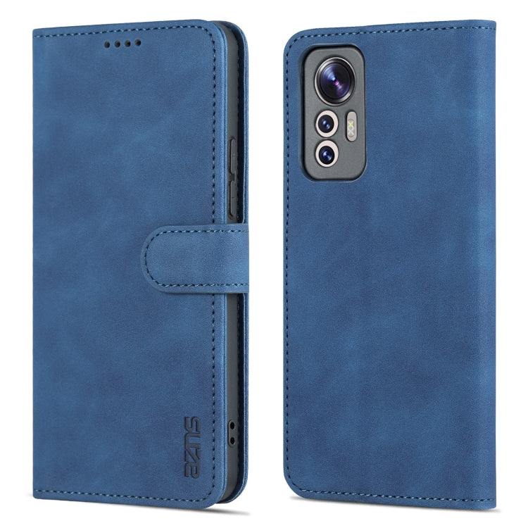 Blue flip leather phone case with side button cutout and foldover wallet flap