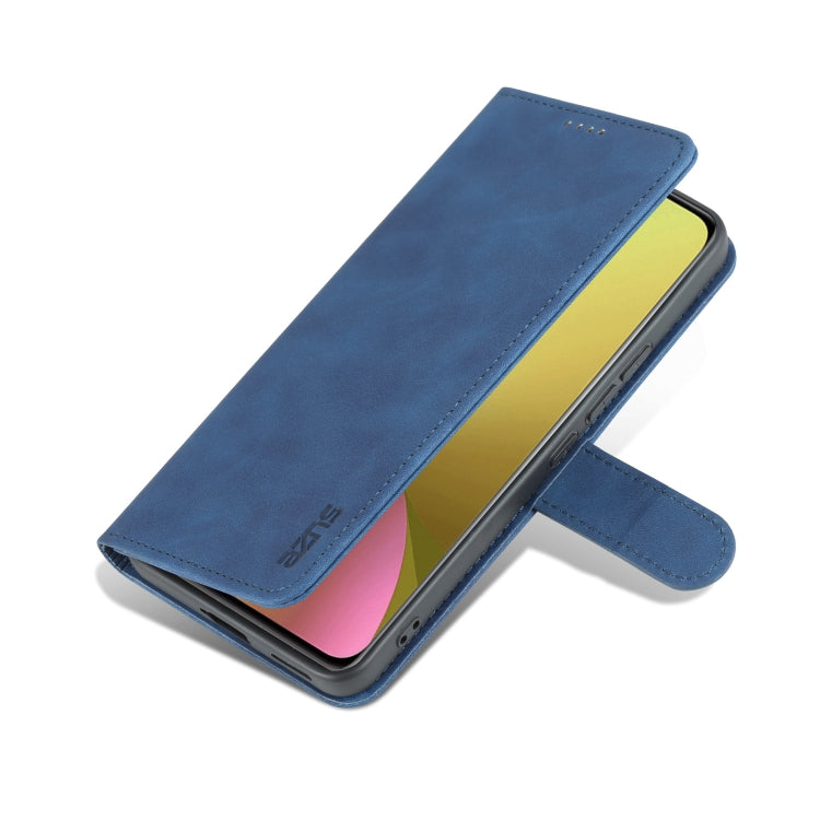 Blue leather flip phone case with stand function, showing front cover and camera cutout