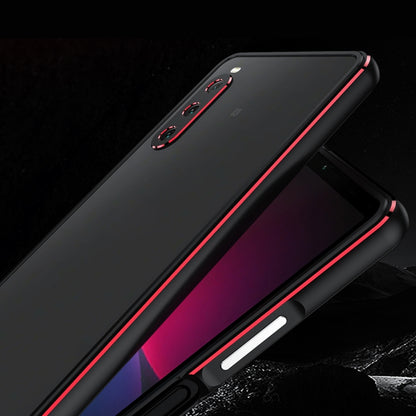 Protective phone case with lens protector, black back with red trim and metal bumper