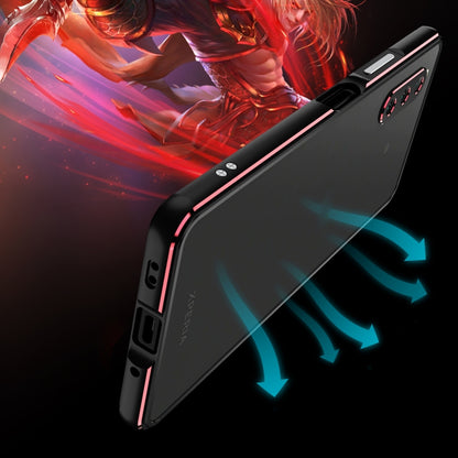 Protective phone case with lens protector, black with red metal frame and airflow vents