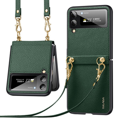 Green litchi-texture leather TPU phone case with strap and screen window, gold chain