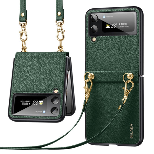 Green litchi-texture leather TPU phone case with strap and screen window, gold chain