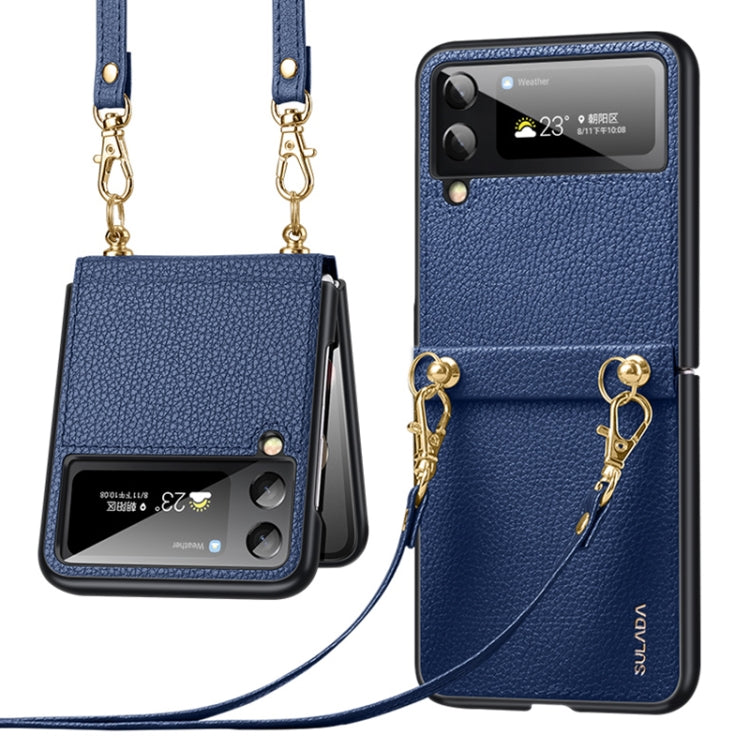Blue litchi-texture leather TPU phone case with strap and screen window, gold chain