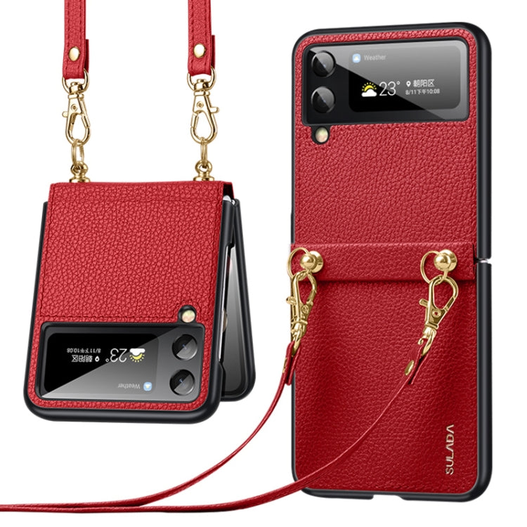 Red litchi-texture leather TPU phone case with strap and screen window, gold chain