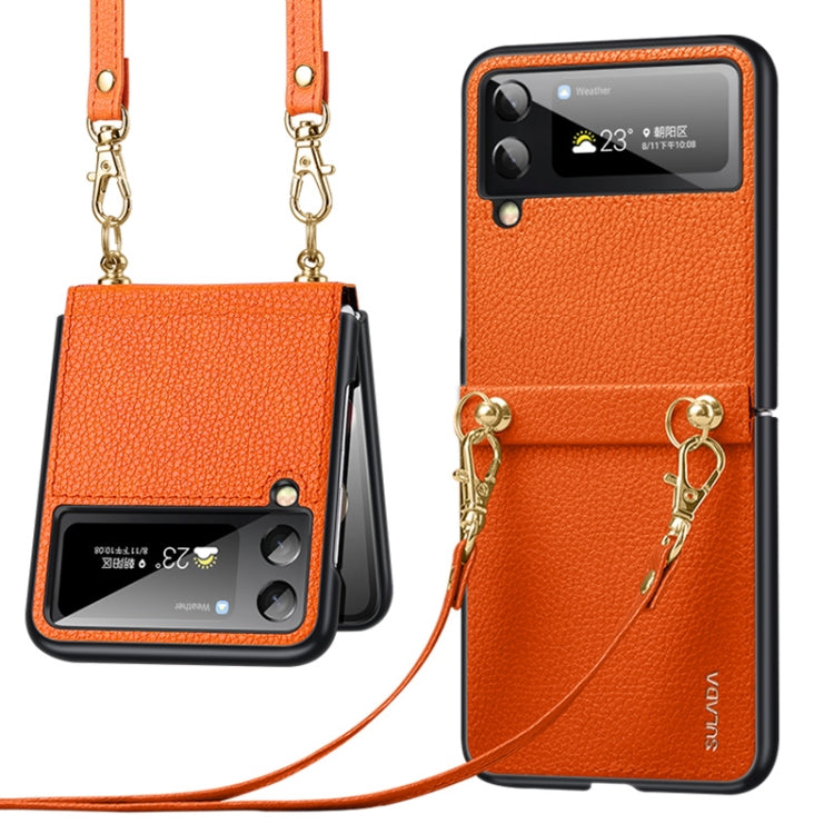 Orange litchi-texture leather TPU phone case with strap and screen window, gold chain