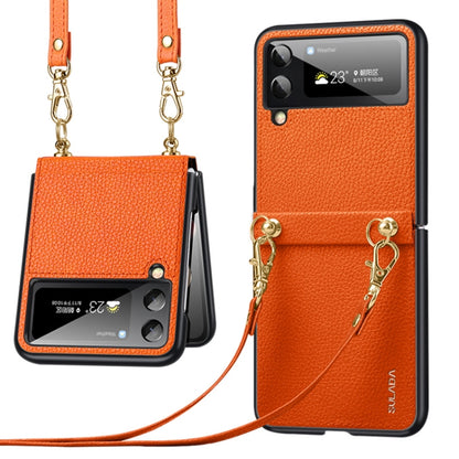 Orange litchi-texture leather TPU phone case with strap and screen window, gold chain