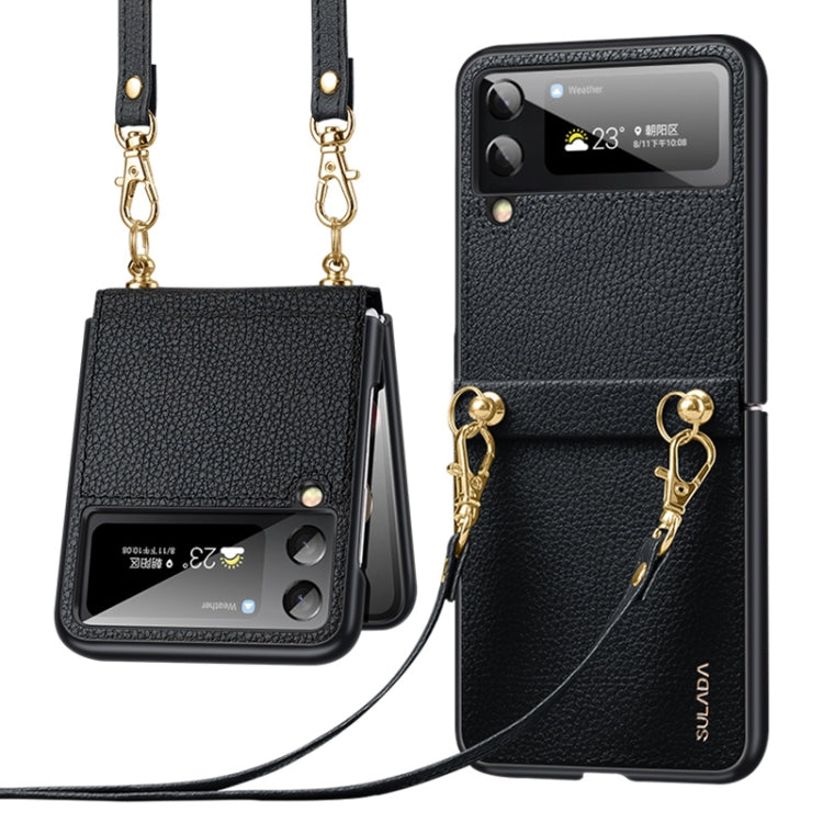 Black litchi-texture leather TPU phone case with strap and screen window, gold chain