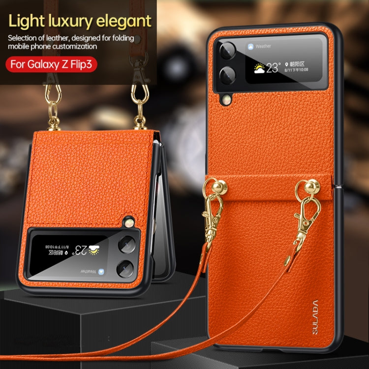 Orange litchi-texture phone case with strap for foldable phones, leather-look TPU