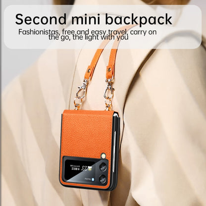 Orange litchi-texture phone case with shoulder strap and metal rings