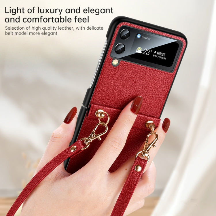 Red litchi-texture phone case with hand strap, leather-look TPU protection
