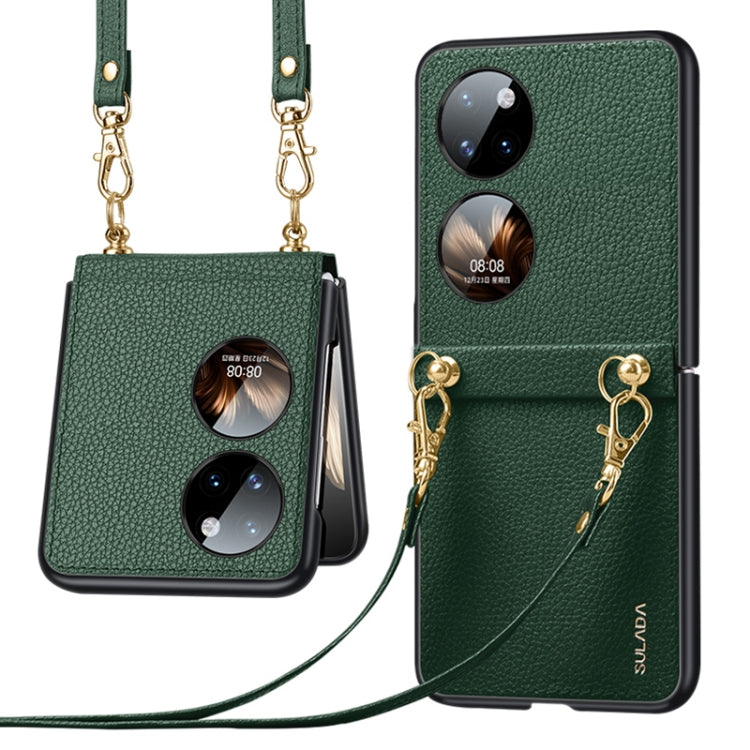 Green litchi-texture leather TPU phone case with strap, dual camera cutouts, gold chain