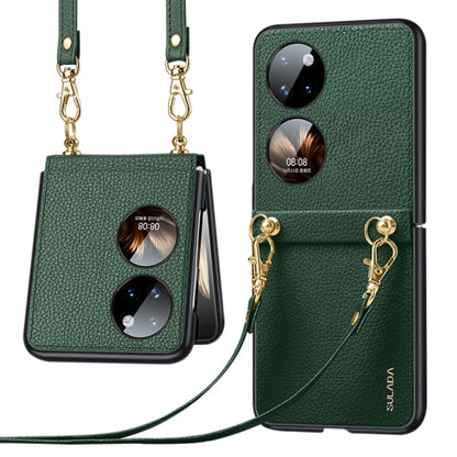 Green litchi-texture leather TPU phone case with strap, dual camera cutouts, gold chain