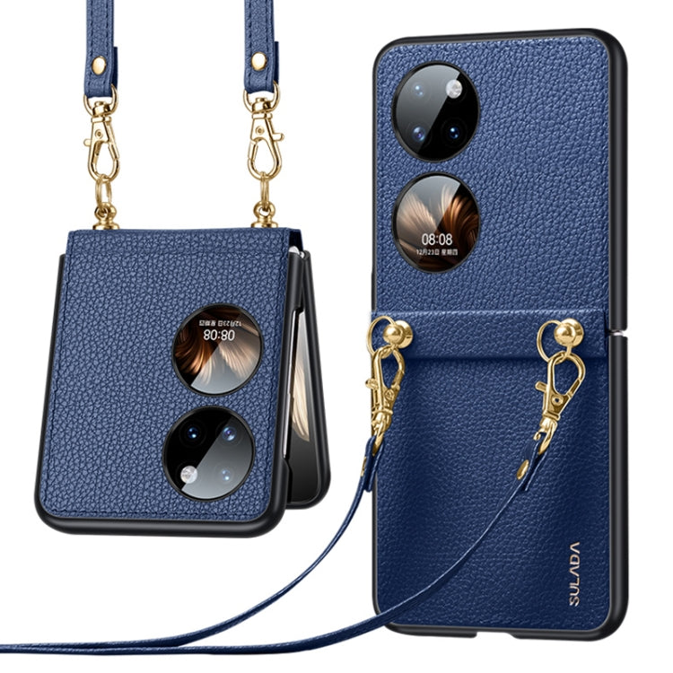 Blue litchi-texture leather TPU phone case with strap, dual camera cutouts, gold chain