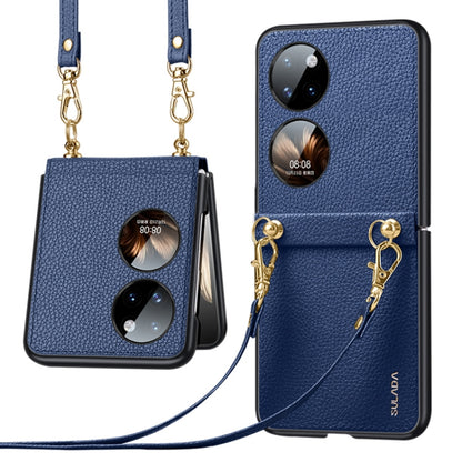 Blue litchi-texture leather TPU phone case with strap, dual camera cutouts, gold chain