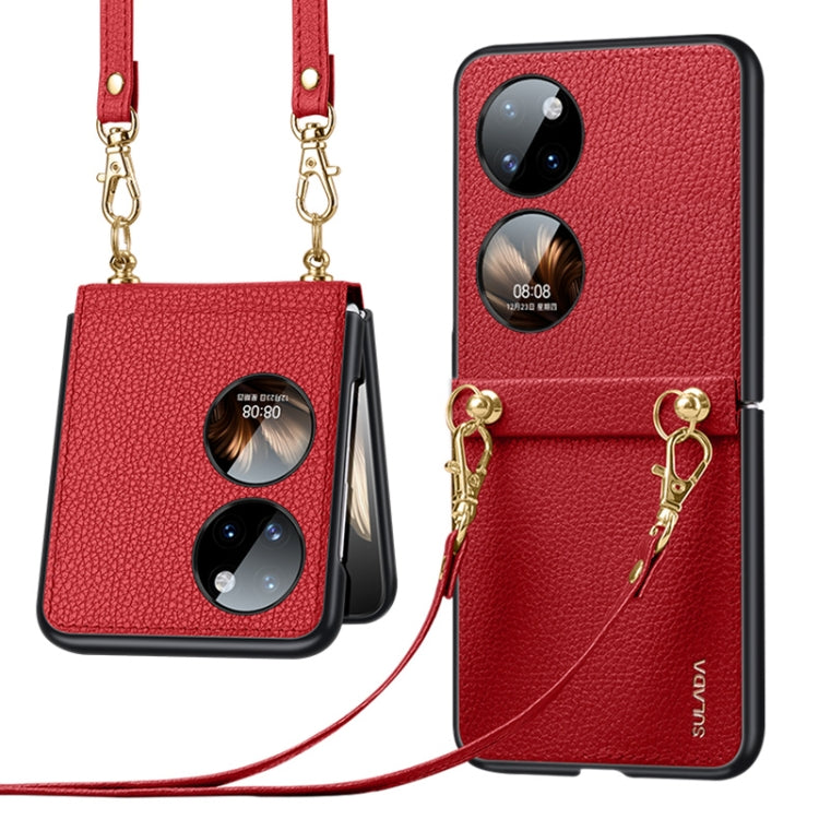 Red litchi-texture leather TPU phone case with strap, dual camera cutouts, gold chain