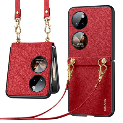 Red litchi-texture leather TPU phone case with strap, dual camera cutouts, gold chain