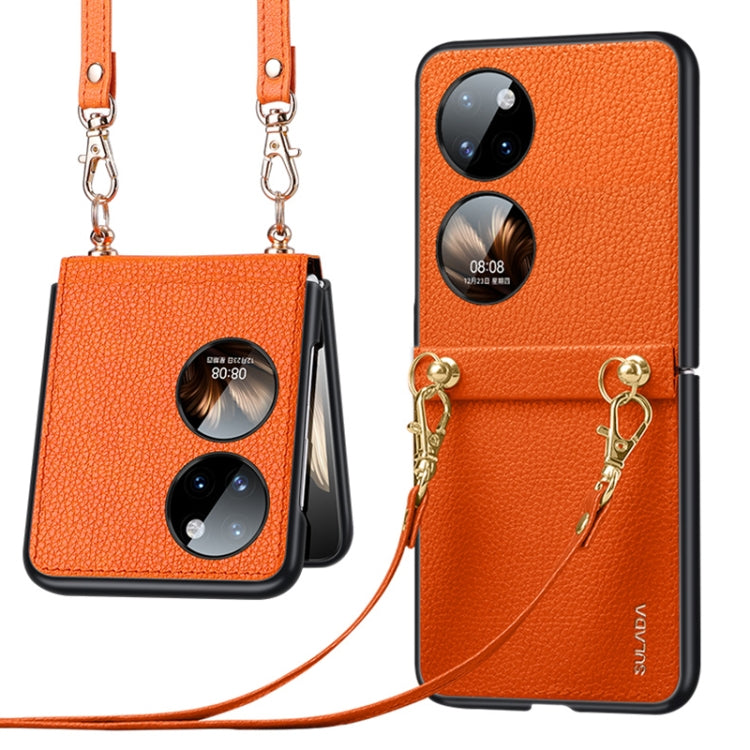 Orange litchi-texture leather TPU phone case with strap, dual camera cutouts, gold chain