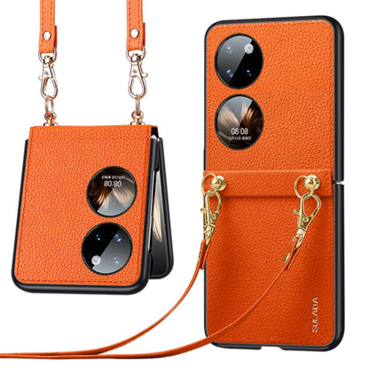 Orange litchi-texture leather TPU phone case with strap, dual camera cutouts, gold chain