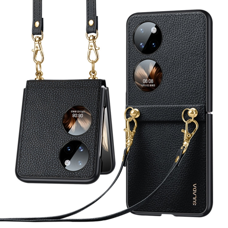 Black litchi-texture leather TPU phone case with strap, dual camera cutouts, gold chain