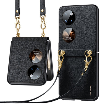 Black litchi-texture leather TPU phone case with strap, dual camera cutouts, gold chain