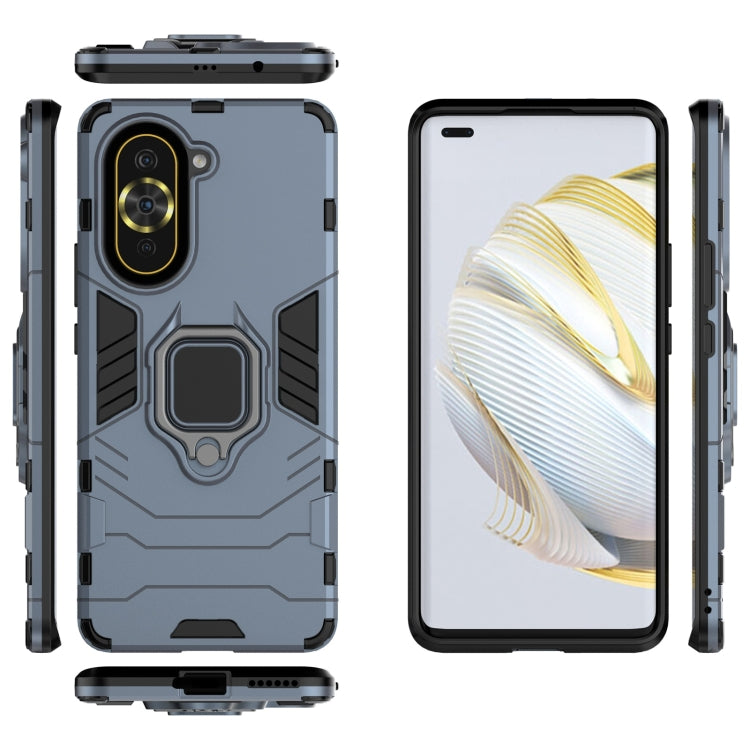 Navy blue protective phone case set showing front, back, and side views with magnetic ring