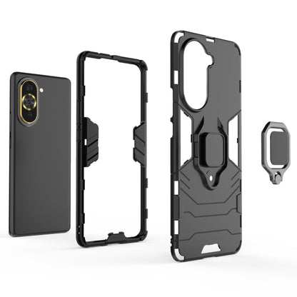 Black shockproof phone case with magnetic ring holder and raised camera lens cover